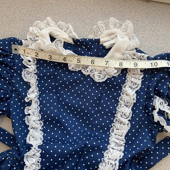 VTG Miss Quality Little Girls Size 5 Ruffle Lace Trim Dress Blue Polka Dot Frill - Picture 10 of 10